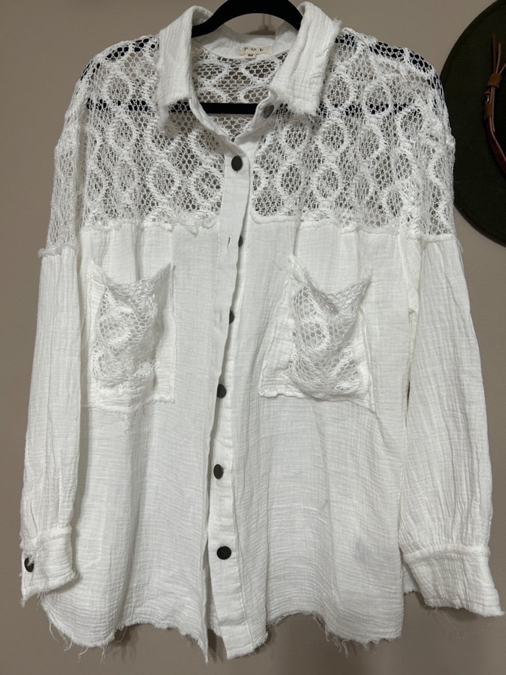 POL White Lace Yoke Button-Front Blouse